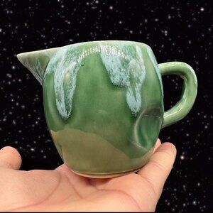 Dryden Pottery Green Pitcher Creamer SP45 Marked Drip Glaze Ceramic 5”W 3”T